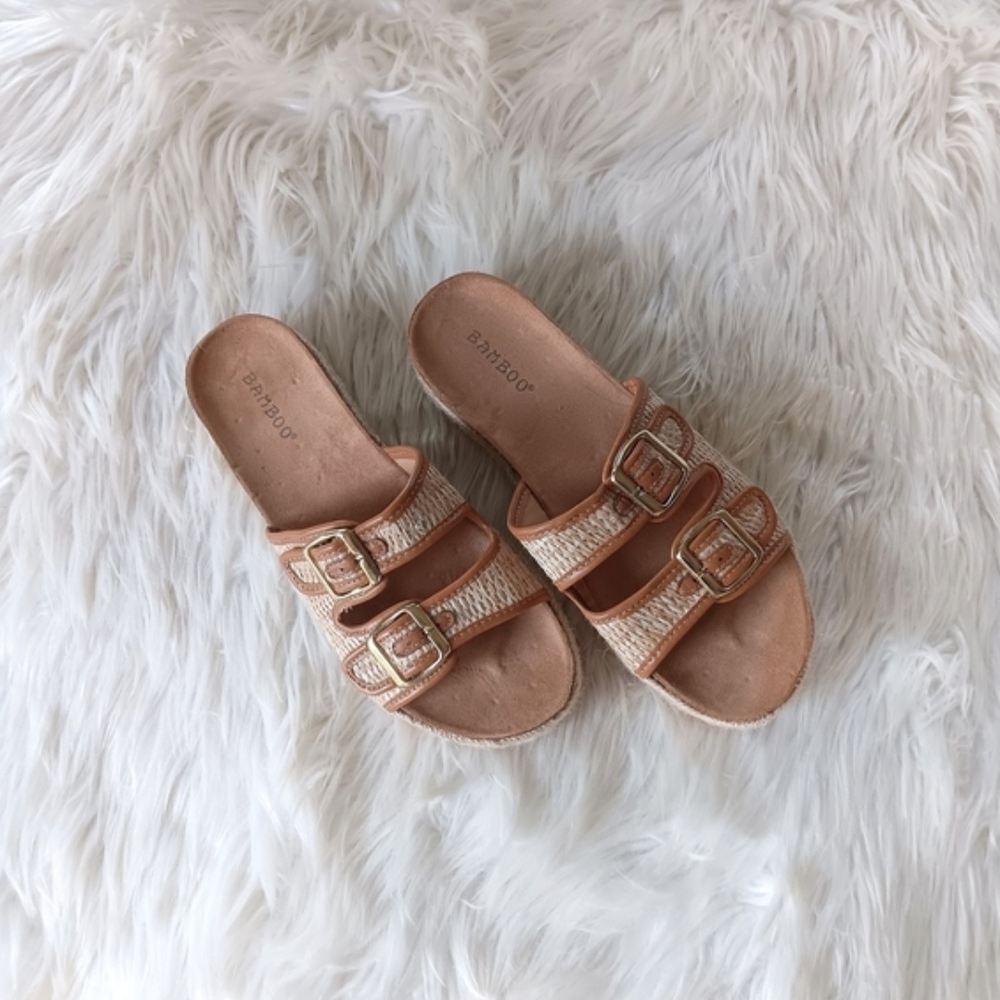 ↠ Bamboo Natural Cream & Tan Raffia Espadrille Platform Double Buckle Sandals - Picture 7 of 7